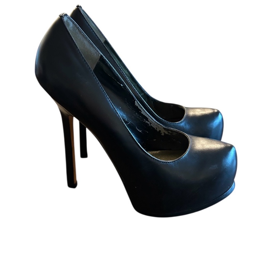 Bebe Platform Heels Size 8 M Black Leather - Picture 1 of 7